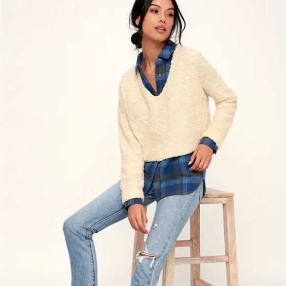 Free People Popcorn V Neck Pullover Sweater Ivory Women's Large Boho Fall Teddy - Picture 11 of 12